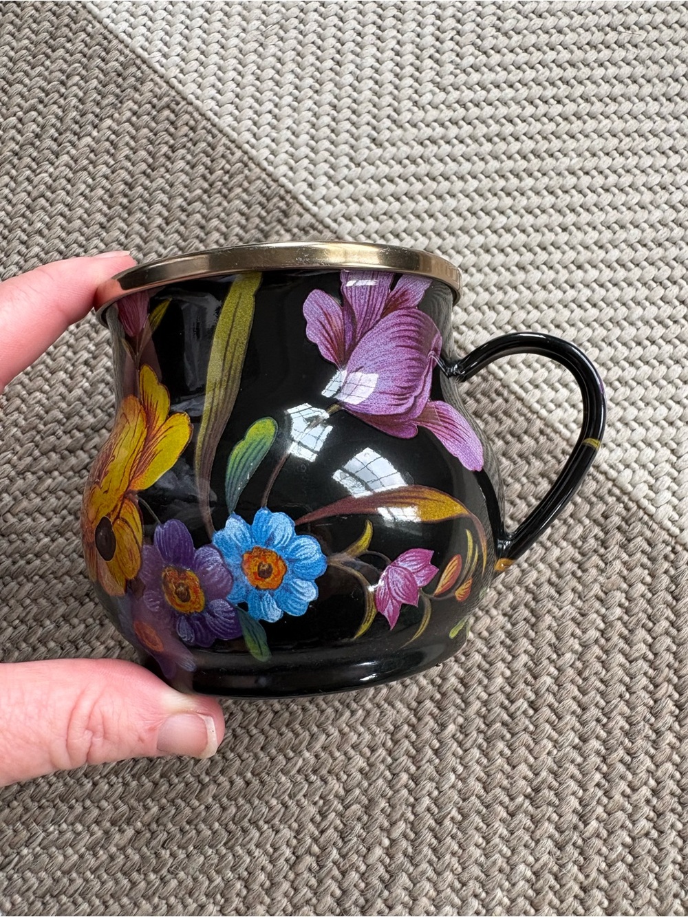 MacKenzie-Childs Black Flower Market Enamel Mug with Gold Rim